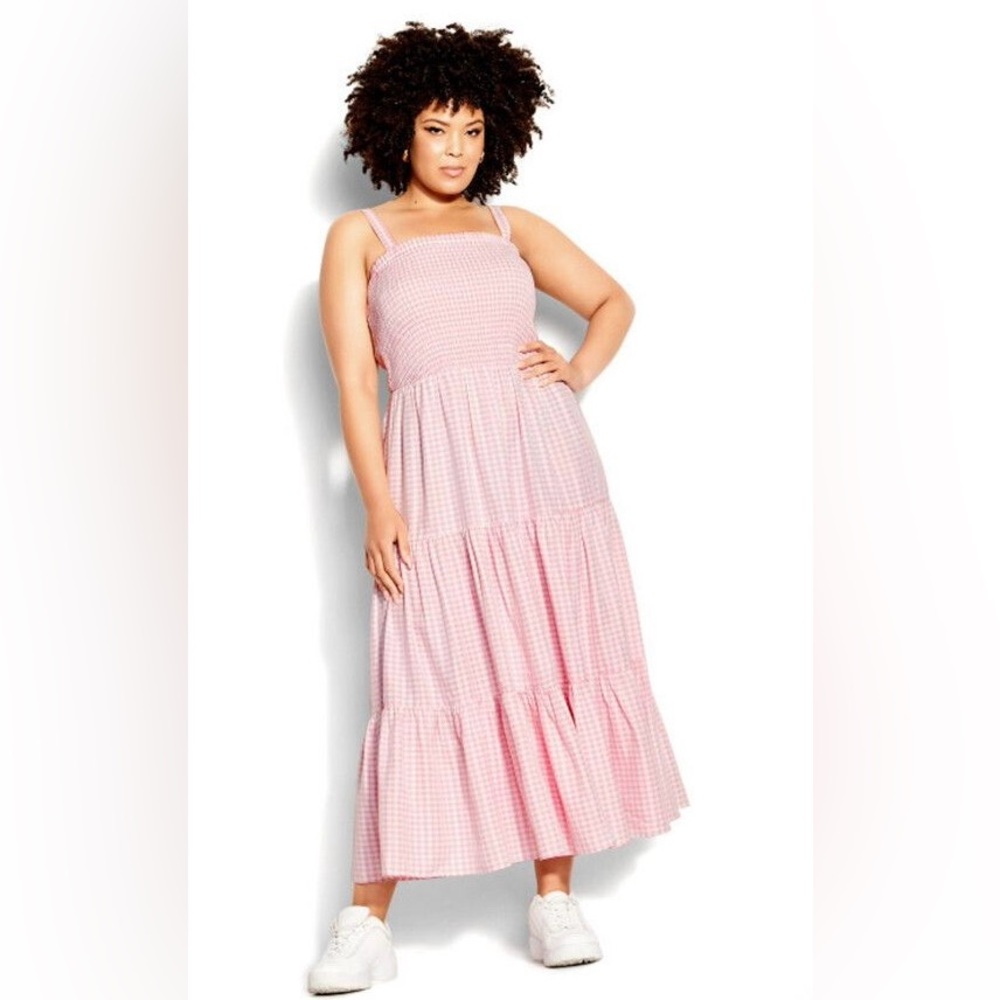 NWT City Chic Pink White Gingham Maxi Tiered Dress Size 18